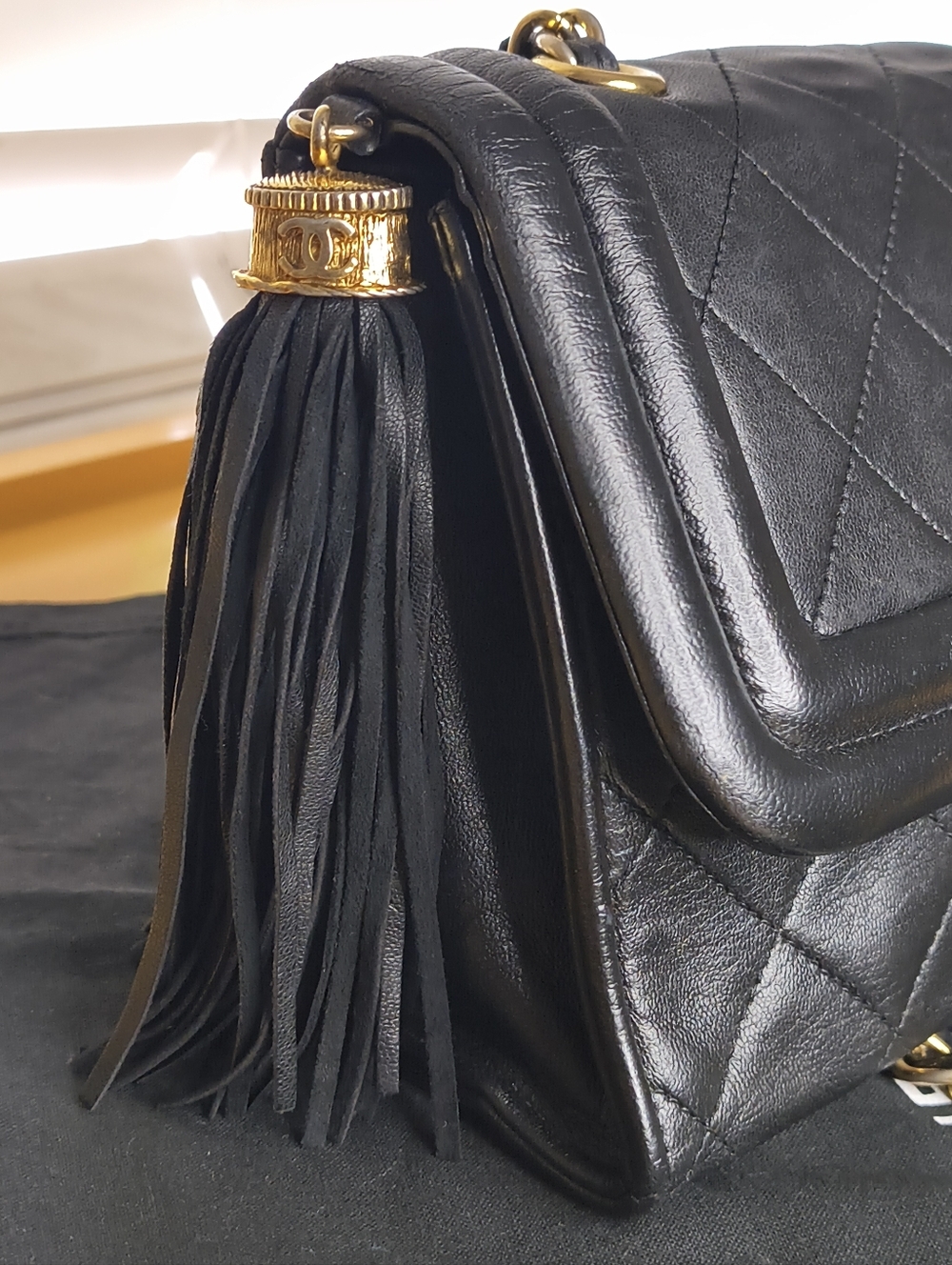 CHANEL Black Lambskin Quilted Flap Bag Tassel Chain W/ Sticker In Tact Vintage - Picture 2 of 14